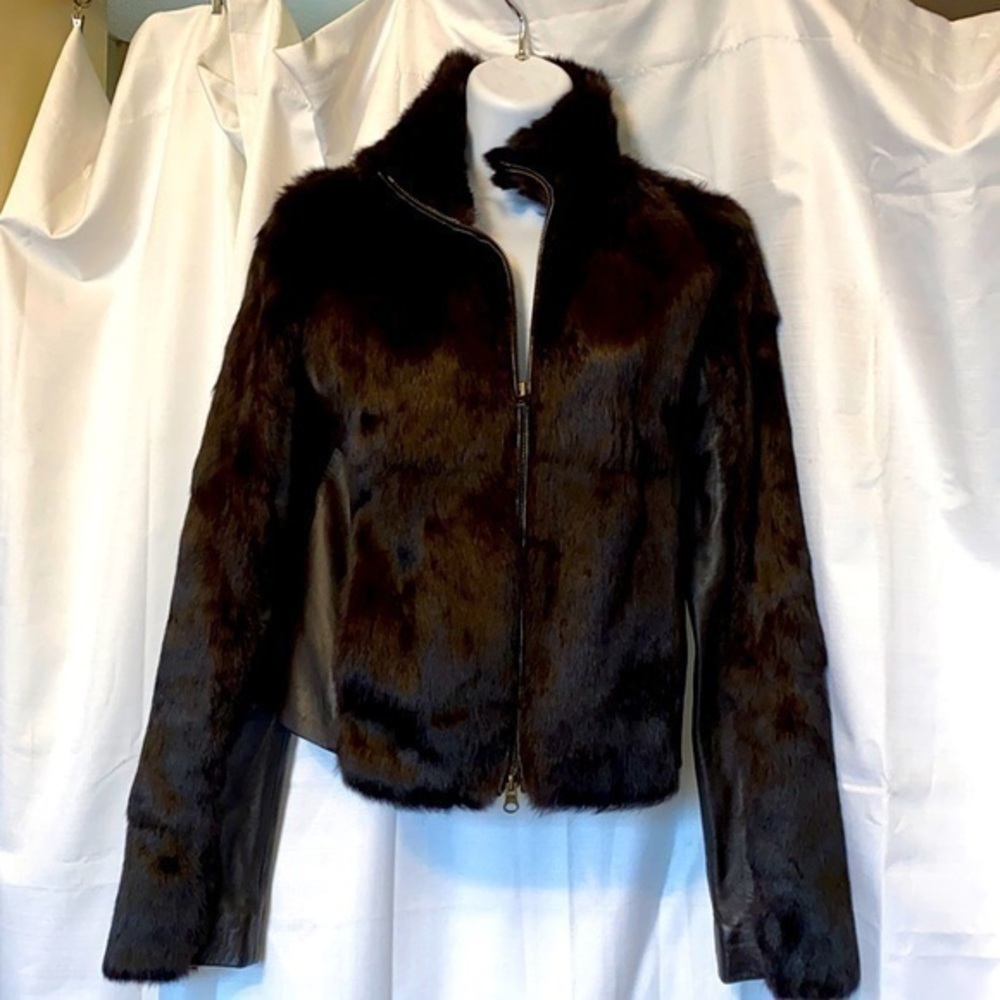 Cropped Brown vintage real rabbit fur jacket with 2-way zipper BEBE brand